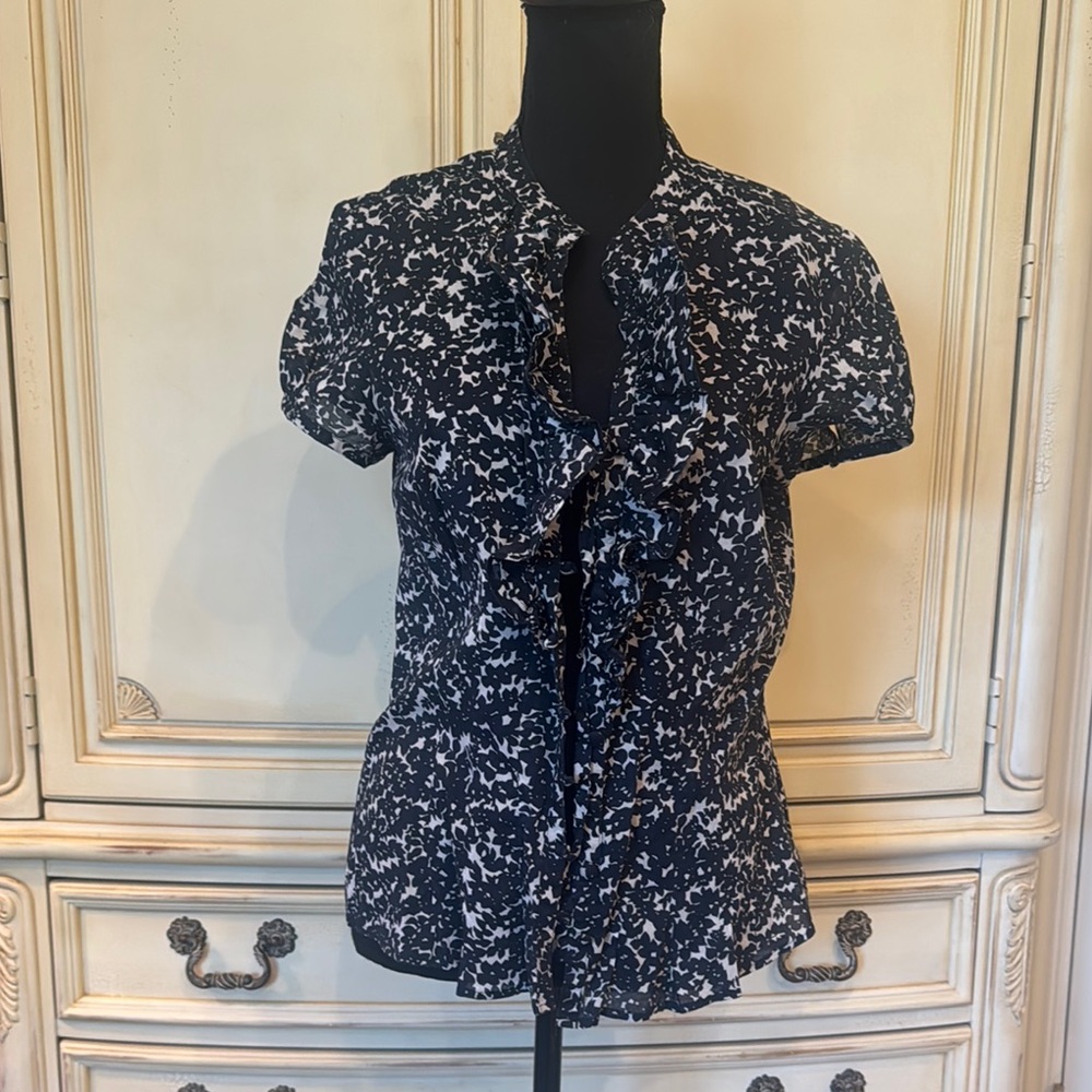 Elegant Navy  and White Ruffle Blouse